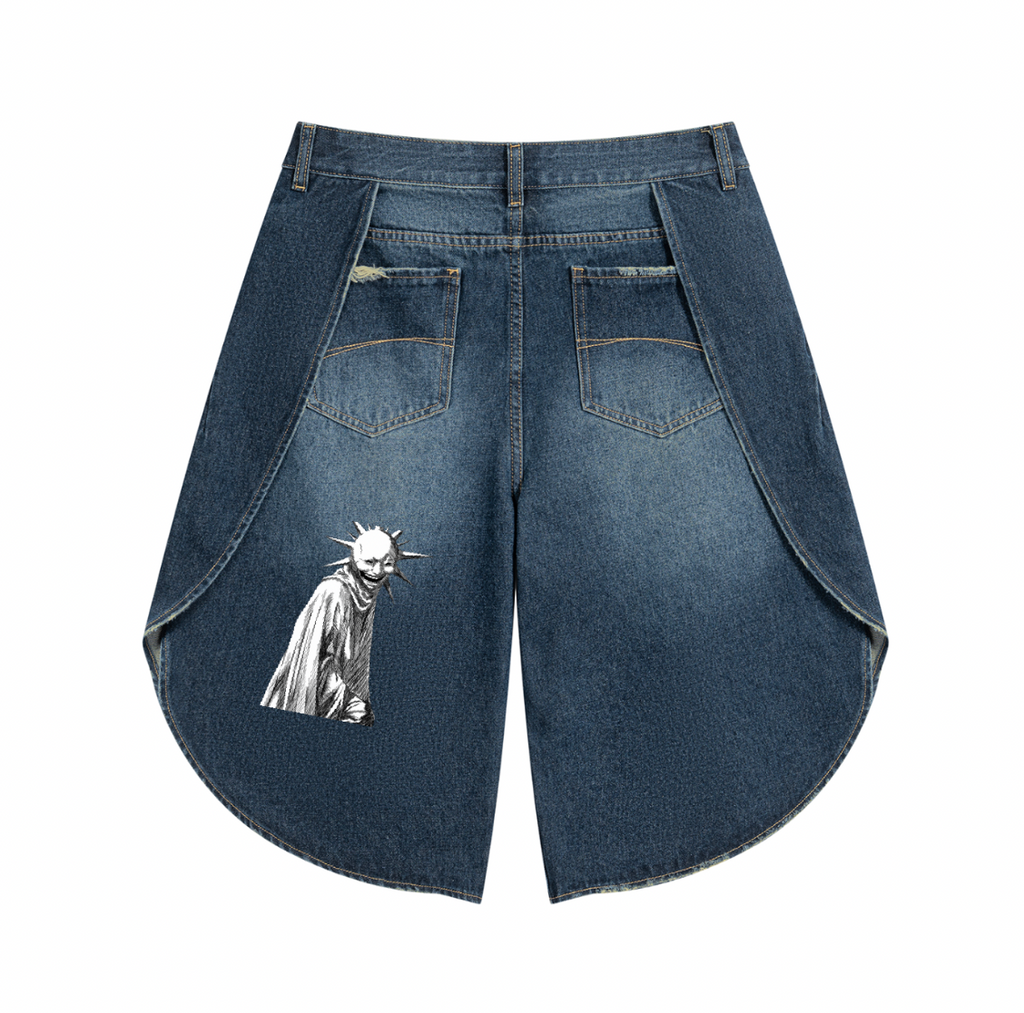 Sun Man Jorts – back with cloaked figure graphic