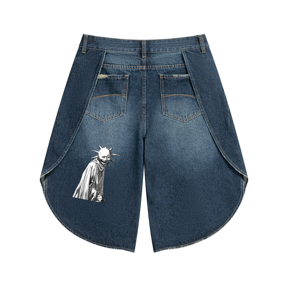 Sun Man Jorts – back with cloaked figure graphic