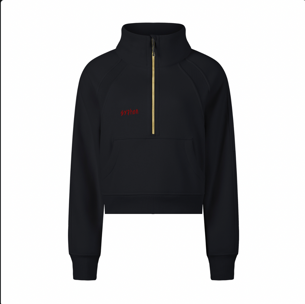 Syphon Cropped Half Zip – front with gold zip and Syphon wordmark