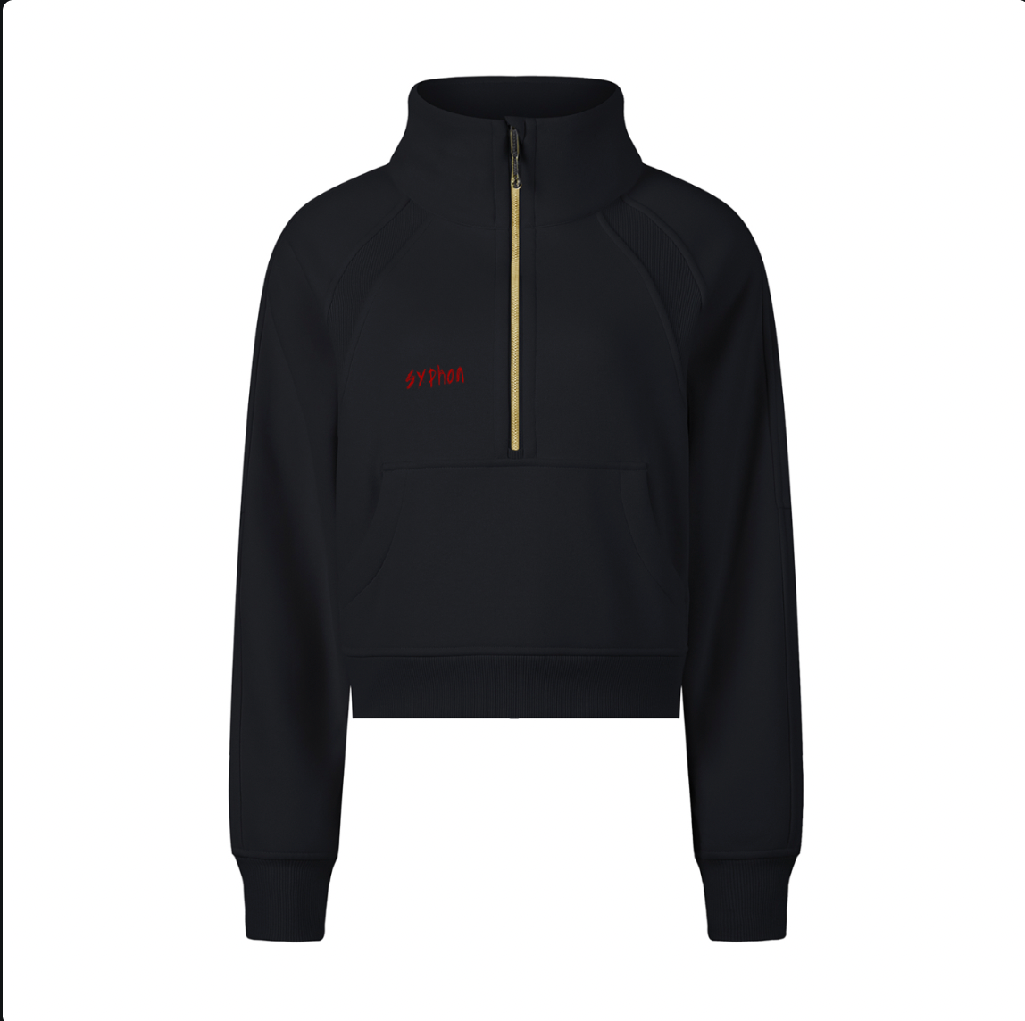 Syphon Cropped Half Zip – front with gold zip and Syphon wordmark